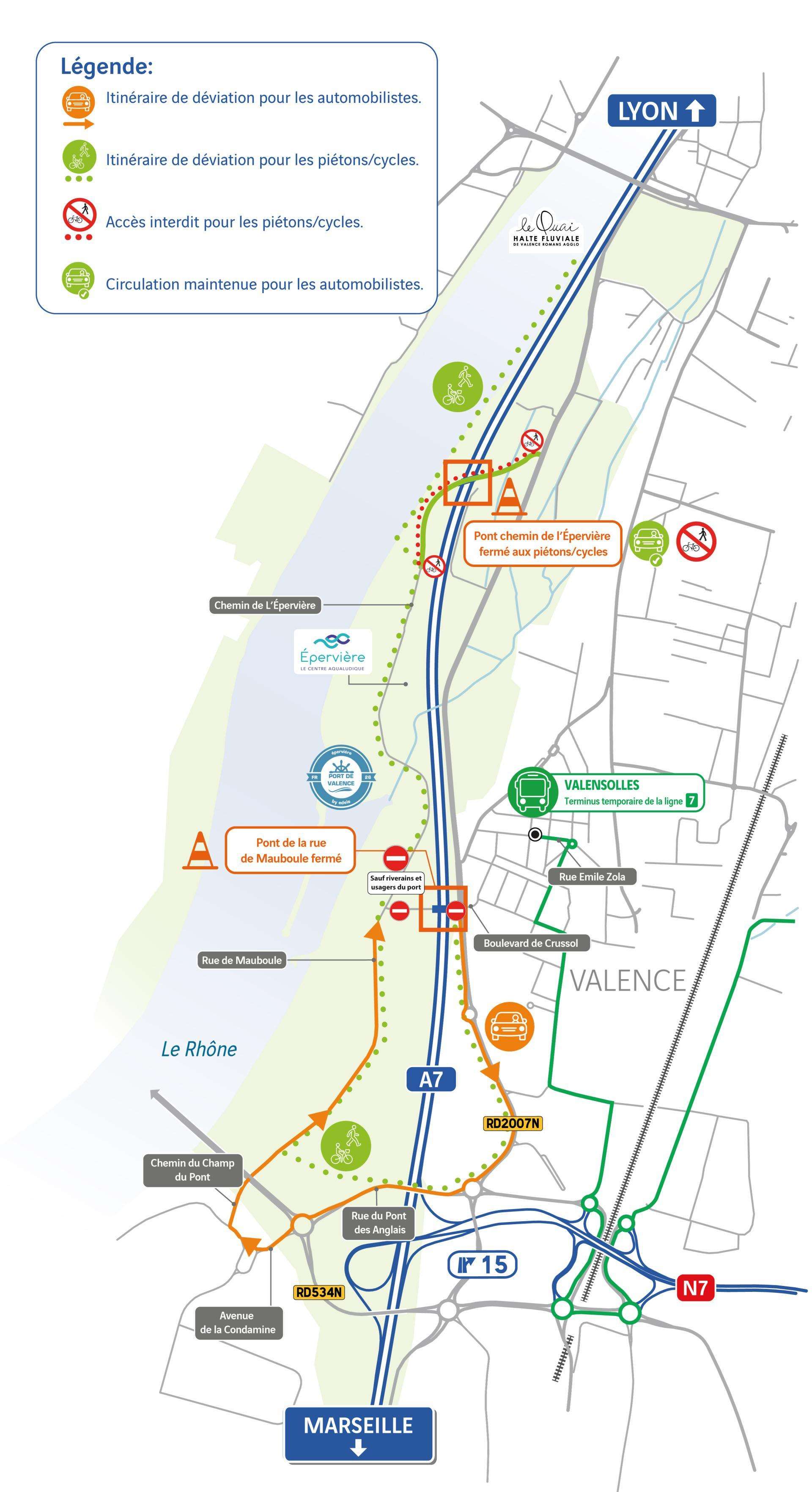 Plan de déviation des travaux de l'A7 à Valence